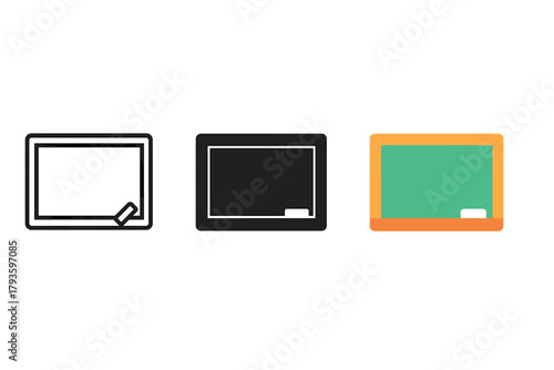 Blackboard Icon Variations. Minimalist blackboard icon: three identical rectangular blackboards with a small piece of chalk in a