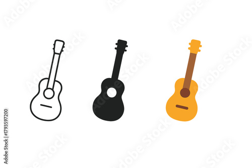 Minimalist Guitar Icons. Minimalist music hobby icon: three identical guitars in side view in a row, first in line style with thin
