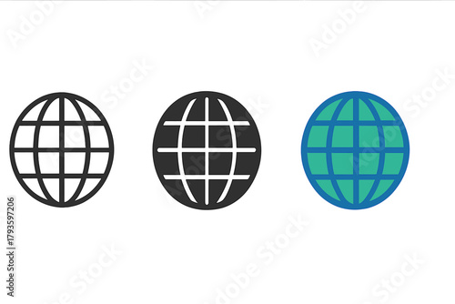 Minimalist Globe Trio. Minimalist globe internet icon: three identical globes with latitude and longitude lines in a row, first in