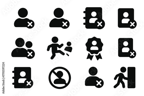 User Removal Icons. Solid style icons of user and content removal: profile with X, banned user icon, contact delete, block icon,