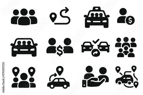 Shared Ride Icons. Solid style icons of shared and pooled rides: multiple passengers icon, shared route symbol, carpool taxi,