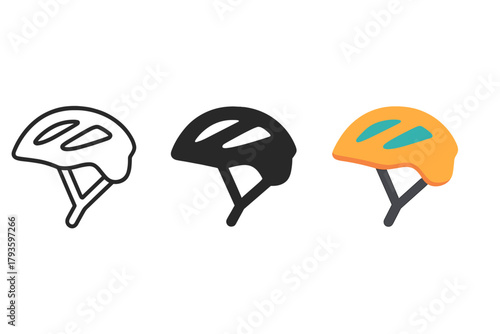 Minimalist Bicycle Helmets. Minimalist bicycle helmet icon: three identical helmets with air vents in side view in a row, first in