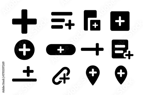 Solid Add Icons. Solid style icons of adding actions: plus sign, add to list icon, insert element, new item icon, plus in circle,
