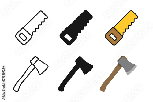 Minimalist Tool Icons. Linear minimalistic saw icon: hand saw outline with teeth, uniform line thickness, no fill, Solid saw icon: