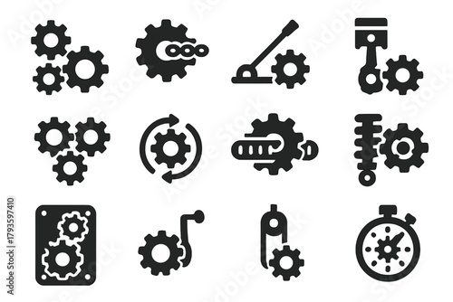 Mechanism Icons. Solid style icons of Mechanisms: gear system, cog with chain, lever with gear, piston with gear, interconnected