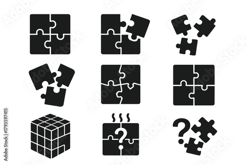 Unsolved Puzzle Icons. Solid style icons of Unsolved puzzles: missing corner, incomplete board, scattered pieces, falling puzzle,