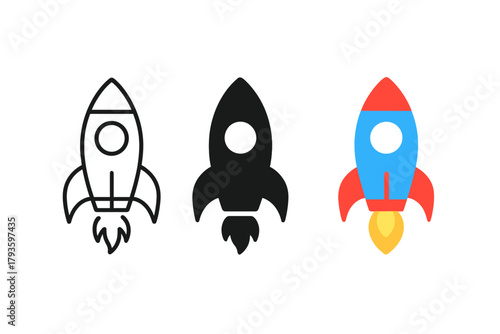 Minimalist Rocket Styles. Minimalist rocket icon: three identical rockets with flame at the bottom in a row, first in line style