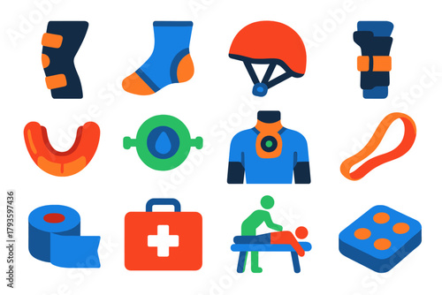 Injury Prevention Icons. Flat vector icons of injury prevention: knee brace, ankle support, helmet, wrist guard, mouthguard,