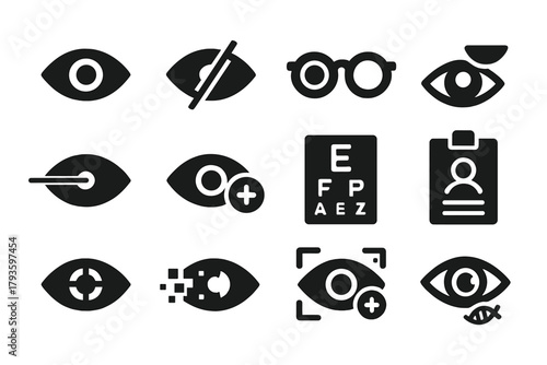 Sight Icons Collection. Solid style icons of Sight: perfect sight, poor sight, corrected sight, glasses eye, contact lens, laser