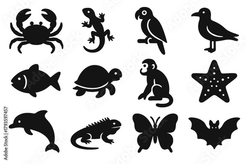 Island Wildlife Icons. Solid style icons of Island Wildlife: crab, lizard, parrot, seagull, fish, turtle, monkey, starfish,