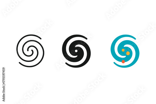 Minimalist Galaxy Icons. Minimalist galaxy spiral icon: three identical spirals representing galaxies in a row, first in line