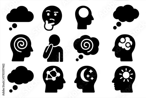 Thought Icons Collection. Solid style icons of Thoughts: thought bubble, thinking face, deep thought head, cloud thought,