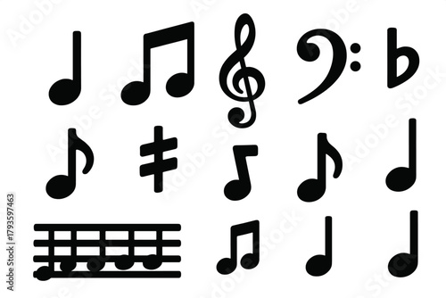 Musical Icons Collection. Solid style icons of musical notes and symbols: single note, double note, treble clef, bass clef, flat
