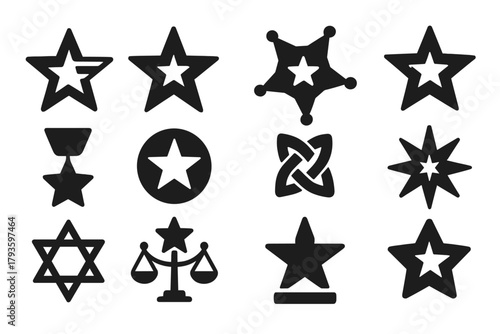 Solid Symbolic Stars. Solid style icons of symbolic stars: patriotic star, military rank, sheriff badge, festive star, star-shaped