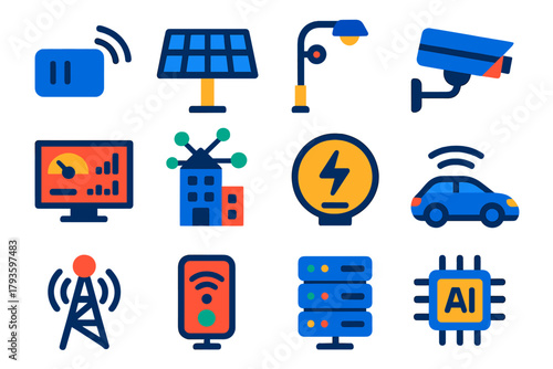 Smart City Icons. Flat vector icons of smart cities: IoT sensor, solar panel, smart streetlight, traffic camera, digital dashboard