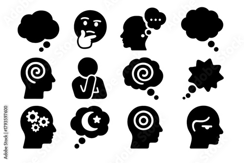Thought Icons Collection. Solid style icons of Thoughts: thought bubble, thinking face, deep thought head, cloud thought,