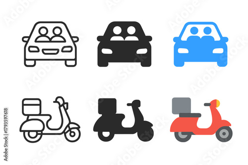 Ride and Deliver Icons. Linear minimalistic ridshare icon: car outline with two people, uniform line thickness, no fill, Solid