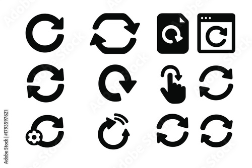 Refresh Icons Collection. Solid style icons of refresh actions: circular arrow, refresh symbol, page reload icon, reload window,