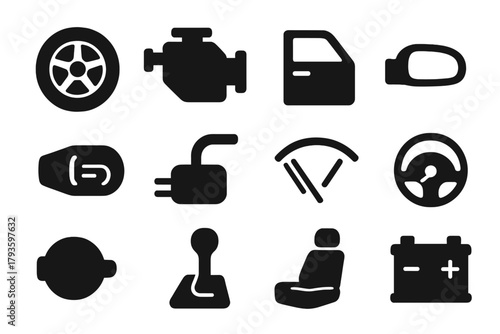 Car Parts Icons. Solid style icons of auto parts and features: car wheel, car engine, car door icon, side mirror, car headlight,