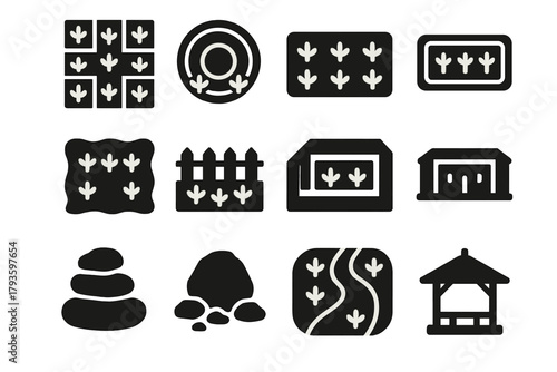 Solid Garden Icons. Solid style icons of Garden Layouts: square garden, circular garden, rectangular tray, wide open garden,
