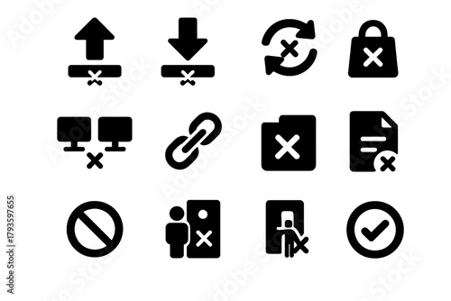 Failed Action Icons. Solid style icons of Failed actions: upload error, download error, failed sync, disconnect icon, broken link,