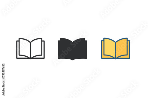 Minimalist Book Icons. Minimalist reading hobby icon: three identical open books with visible pages in a row, first in line style