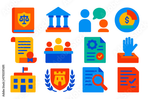 Governance Icon Set. Flat vector icons of governance and policy: law book, government building, public consultation, budget chart,