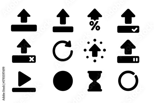 Upload Status Icons. Solid style icons of progress and upload status: uploading bar, progress arrow up, percentage upload,