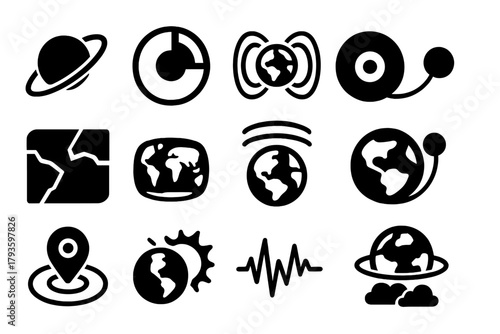Planetary Science Icons. Solid style icons of planetary science: planet orbit, layered earth, magnetic field lines, earth’s core