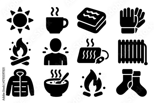 Icons of Warmth. Solid style icons of Warmth sources: sun heat, hot drink, wool blanket, warm gloves, campfire warmth, body heat,