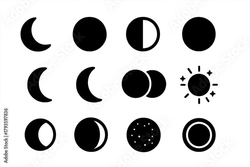 Moon Phases Icons. Solid style icons of Moon: crescent moon, full moon, half moon, new moon, waxing moon, waning moon, double