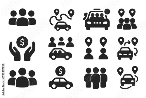 Shared Ride Icons. Solid style icons of shared and pooled rides: multiple passengers icon, shared route symbol, carpool taxi,