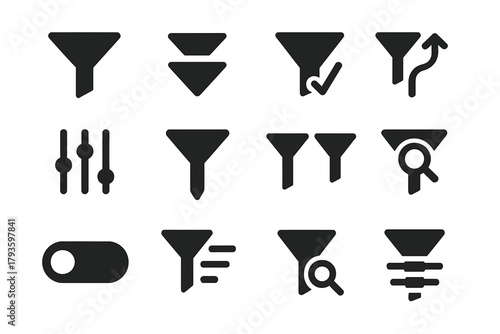 Filter Tool Icons. Solid style icons of filter tools: funnel icon, layered filter, filter with checkmark, adjustable funnel,