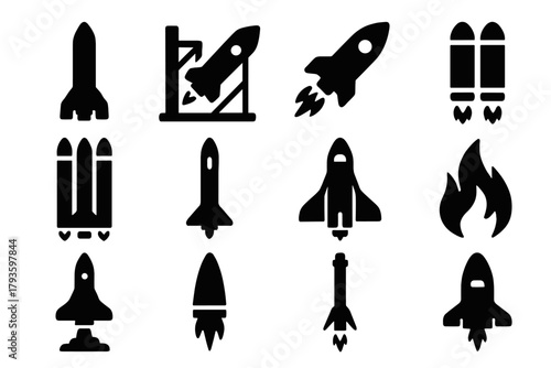 Solid Rocket Icons. Solid style icons of rockets and launch vehicles: vertical rocket, launch pad icon, blasting rocket, booster