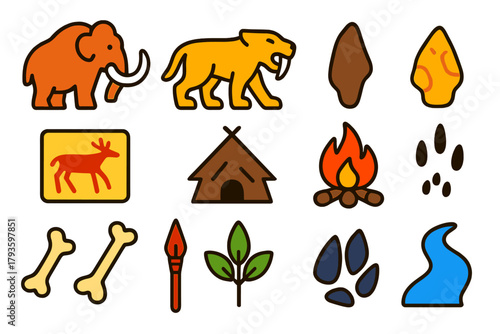 Prehistoric Icons Collection. Flat vector icons of prehistoric life: mammoth, saber-toothed cat, stone tool, cave painting,
