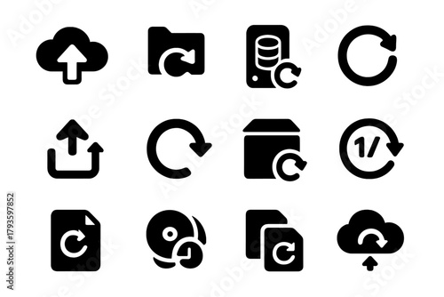 Backup Restore Icons. Solid style icons of backup and restore: cloud restore, folder refresh, data recovery icon, backup sync,