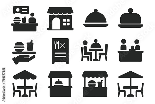Restaurant Icons Collection. Solid style icons of Restaurants: fast food counter, restaurant building, cloche dish, food tray,