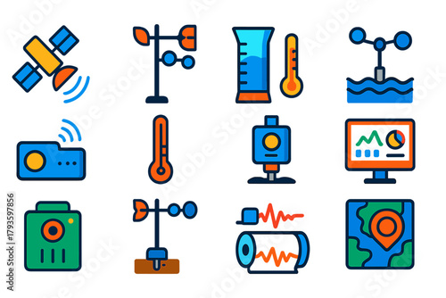 Environmental Monitoring Icons. Flat vector icons of environmental monitoring: satellite, weather station, rain gauge, river