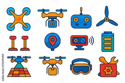 Drone Tech Icons. Flat vector icons of drone technology: quadcopter, camera drone, remote controller, propeller, landing gear, GPS