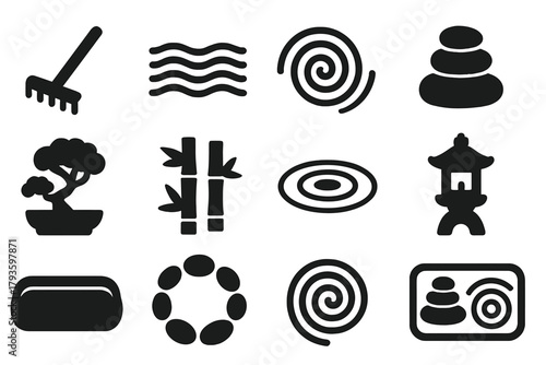 Zen Garden Elements. Solid style icons of Zen Sand Garden: wooden rake, smooth sand, spiral pattern, balanced stone, small bonsai