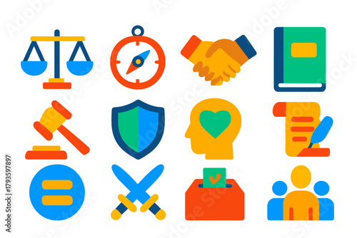 Ethical Icon Set. Flat vector icons of ethics: balance scale, moral compass, handshake, law book, gavel, shield, conscience icon,