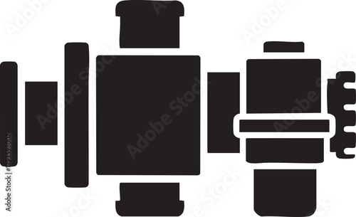 Black silhouette of a mechanical component with multiple cylindrical parts and gears