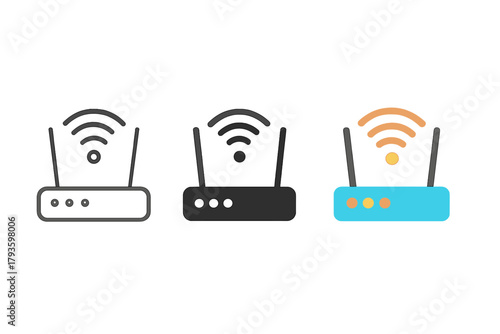 Minimalist Router Trio. Minimalist wifi router internet icon: three identical routers with antennas and signal waves in a row,