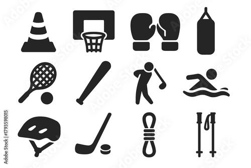 Sports Training Icons. Solid style icons of Sports training: football training cone, basketball hoop practice, boxing gloves,