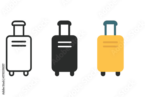 Minimalist Suitcase Icons. Minimalist suitcase travel icon: three identical rolling suitcases with handles in a row, first in line