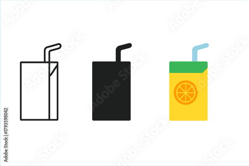Stylish Juice Box Trio. Minimalist juice box icon: three identical juice boxes with straws in a row, first in line style with thin