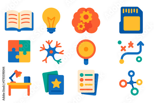 Learning Icons Set. Flat vector icons of learning and cognition: open book, lightbulb idea, brain gears, memory card, puzzle