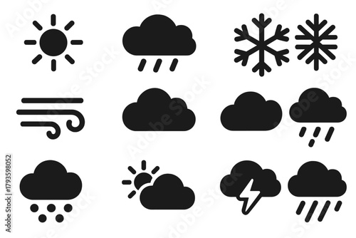 Weather Icons Set. Solid style icons of weather conditions: sun icon, rain cloud, thunderstorm cloud, snowflake icon, fog symbol,