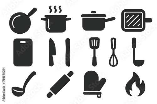 Solid Cooking Icons. Solid style icons of Cooking: frying pan, boiling pot, saucepan, grill pan, cutting board, kitchen knife,