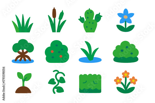 Ecological Plant Icons. Flat vector icons of ecological plants: grassland species, wetland plants, desert cactus, alpine flower,